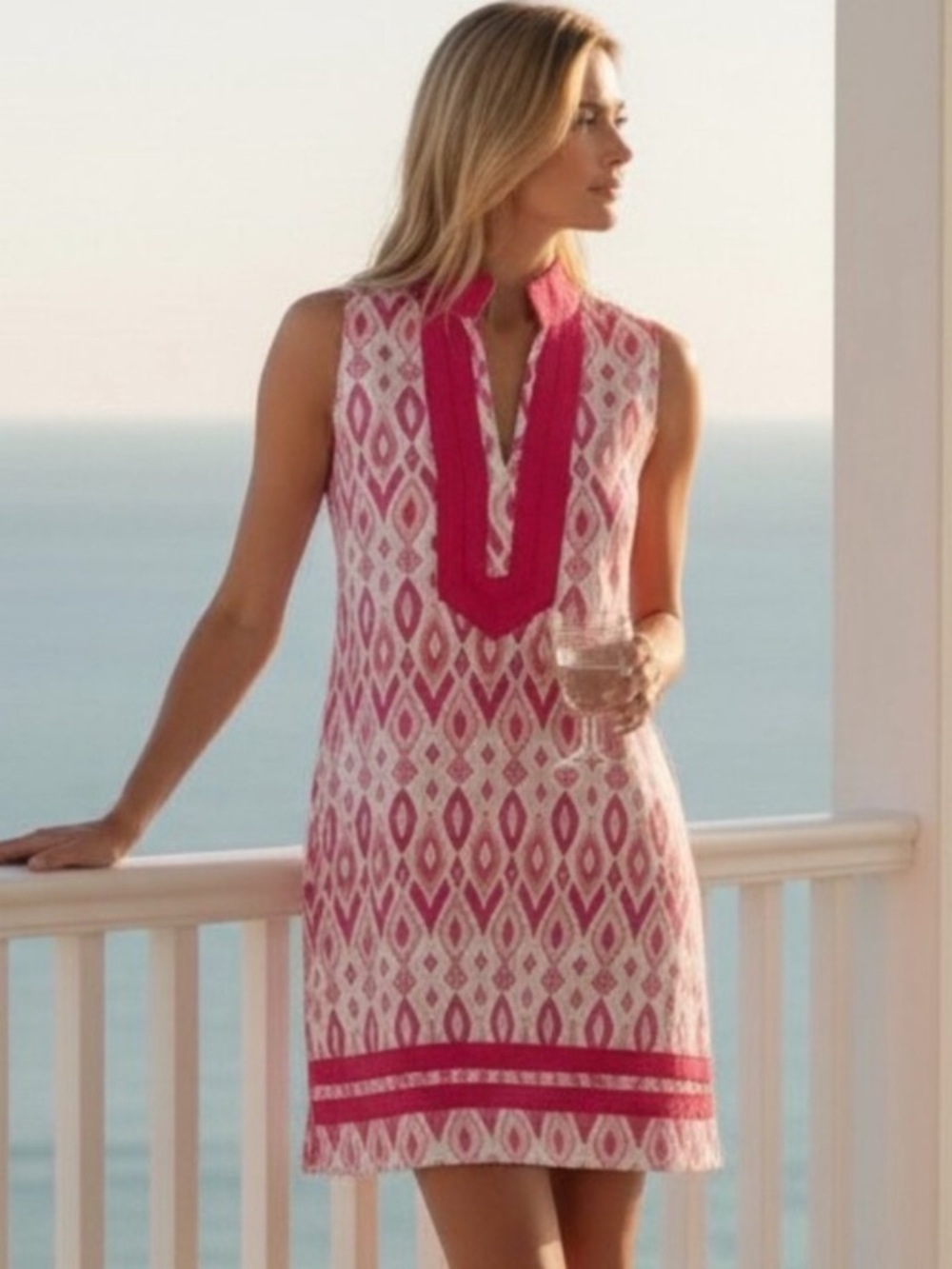 Sail to Sable Tuckernuck Pink Ikat Linen Classic Tunic Sleeveless Dress Medium
